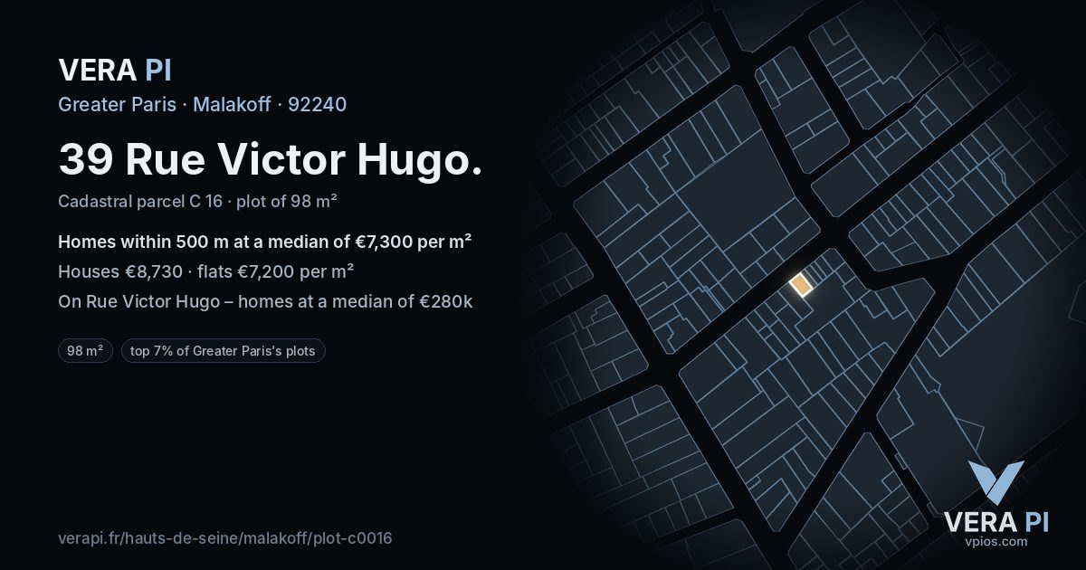 39 Rue Victor Hugo, Malakoff at night – the plot lit, the parcels around coloured by the prices near them