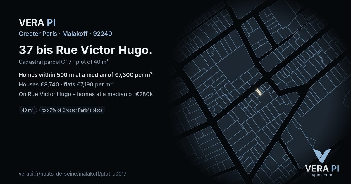 37 bis Rue Victor Hugo, Malakoff at night – the plot lit, the parcels around coloured by the prices near them