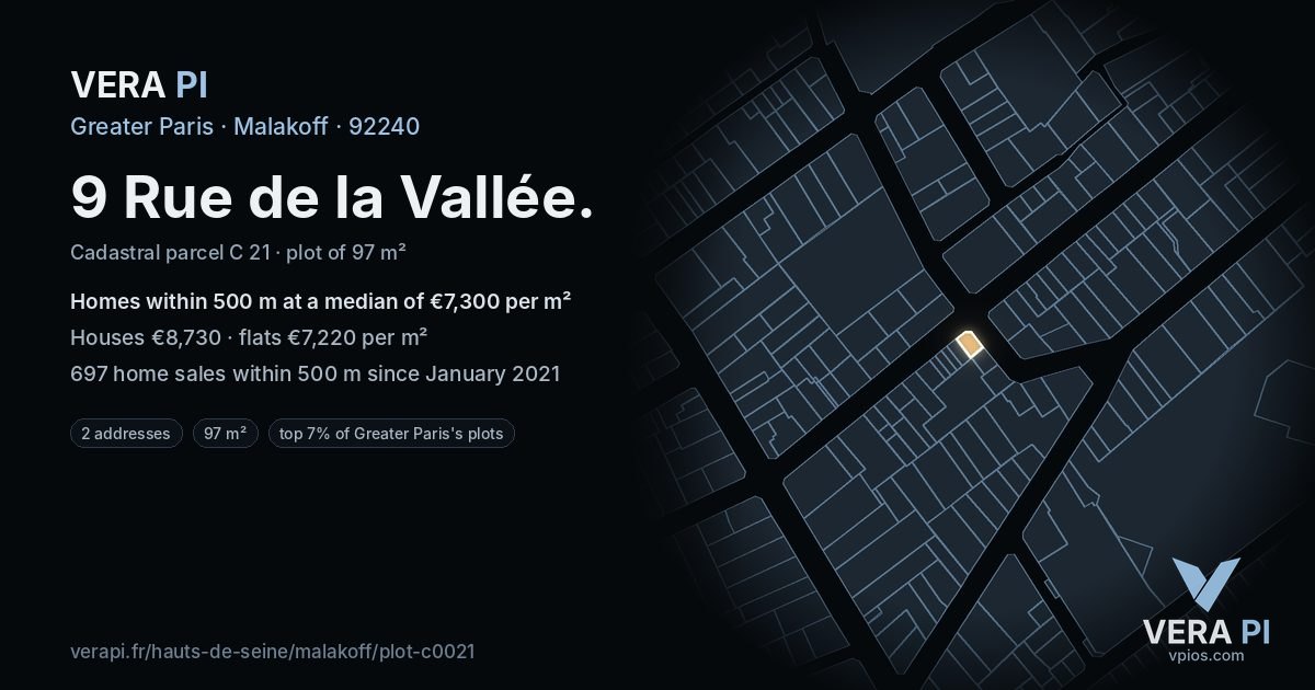 9 Rue de la Vallée, Malakoff at night – the plot lit, the parcels around coloured by the prices near them