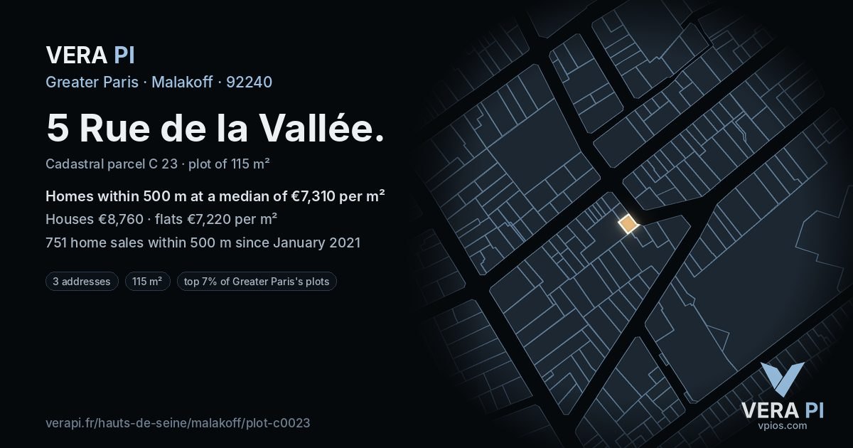 5 Rue de la Vallée, Malakoff at night – the plot lit, the parcels around coloured by the prices near them