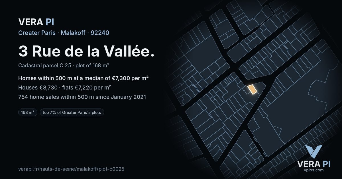 3 Rue de la Vallée, Malakoff at night – the plot lit, the parcels around coloured by the prices near them