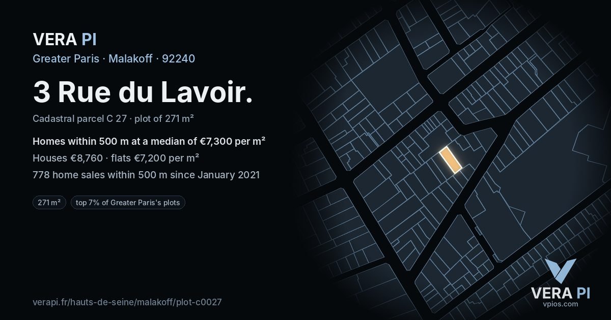 3 Rue du Lavoir, Malakoff at night – the plot lit, the parcels around coloured by the prices near them