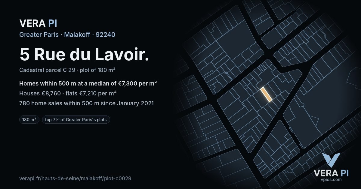 5 Rue du Lavoir, Malakoff at night – the plot lit, the parcels around coloured by the prices near them