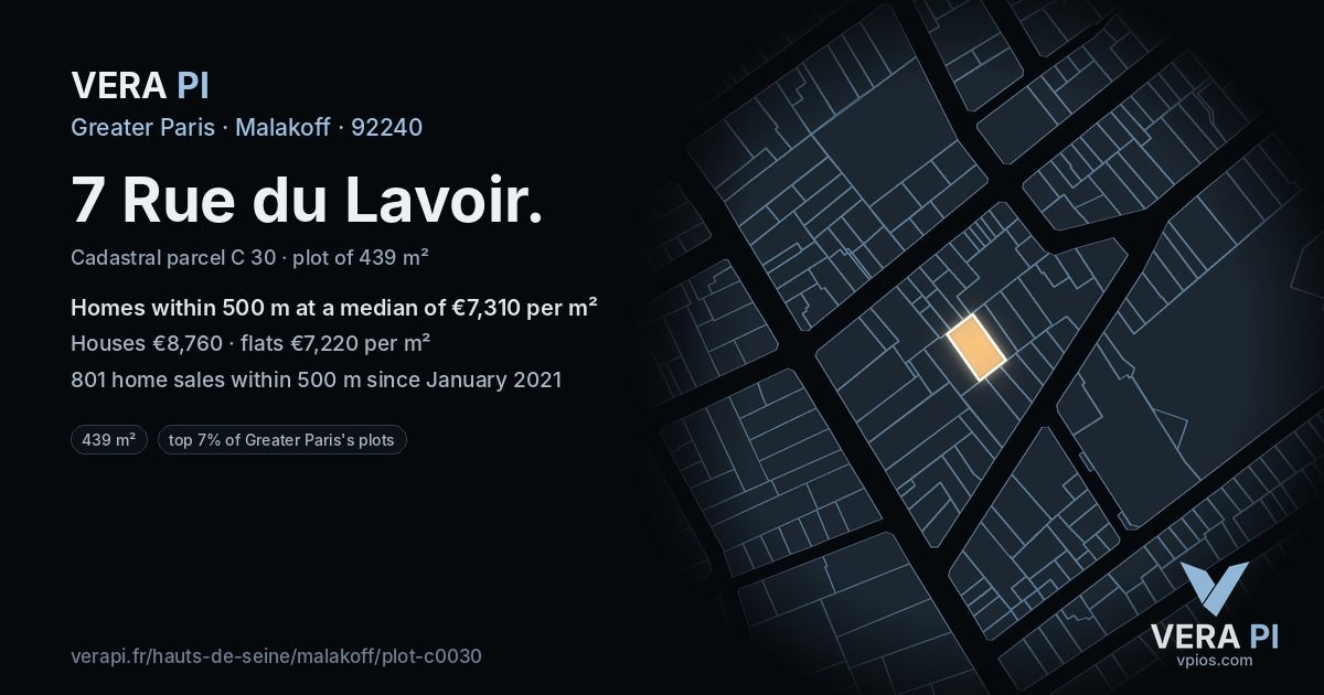 7 Rue du Lavoir, Malakoff at night – the plot lit, the parcels around coloured by the prices near them