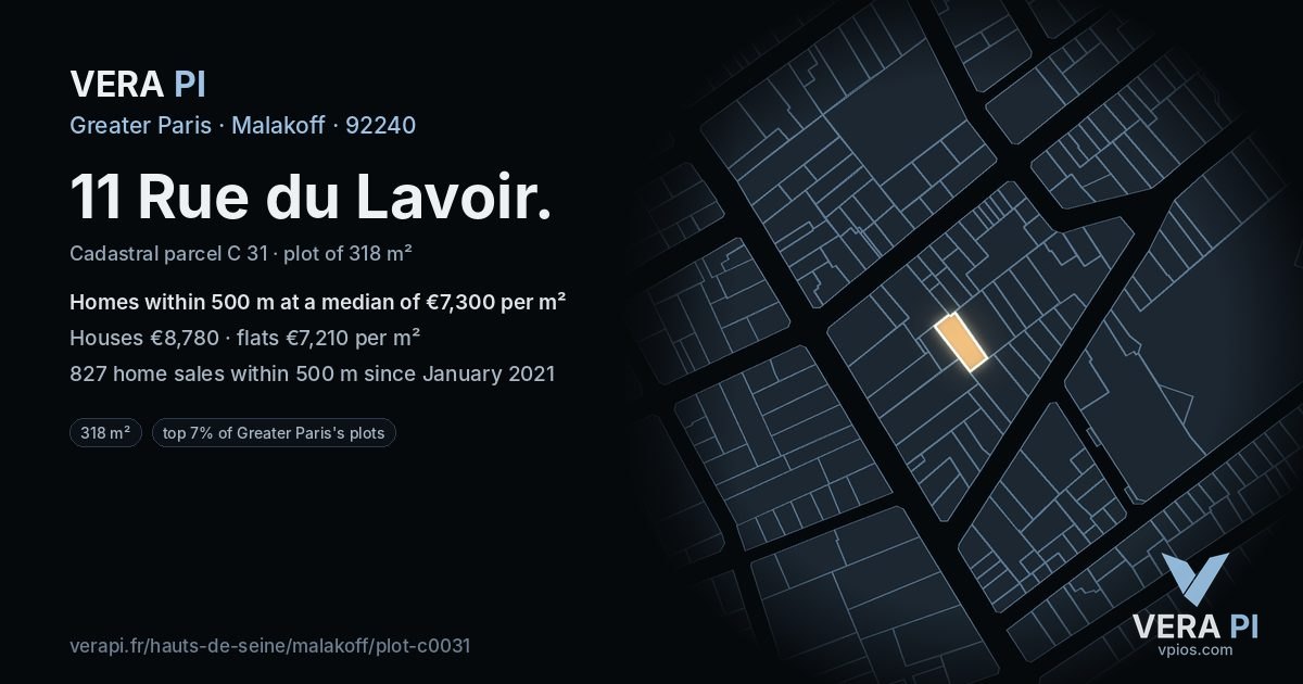 11 Rue du Lavoir, Malakoff at night – the plot lit, the parcels around coloured by the prices near them