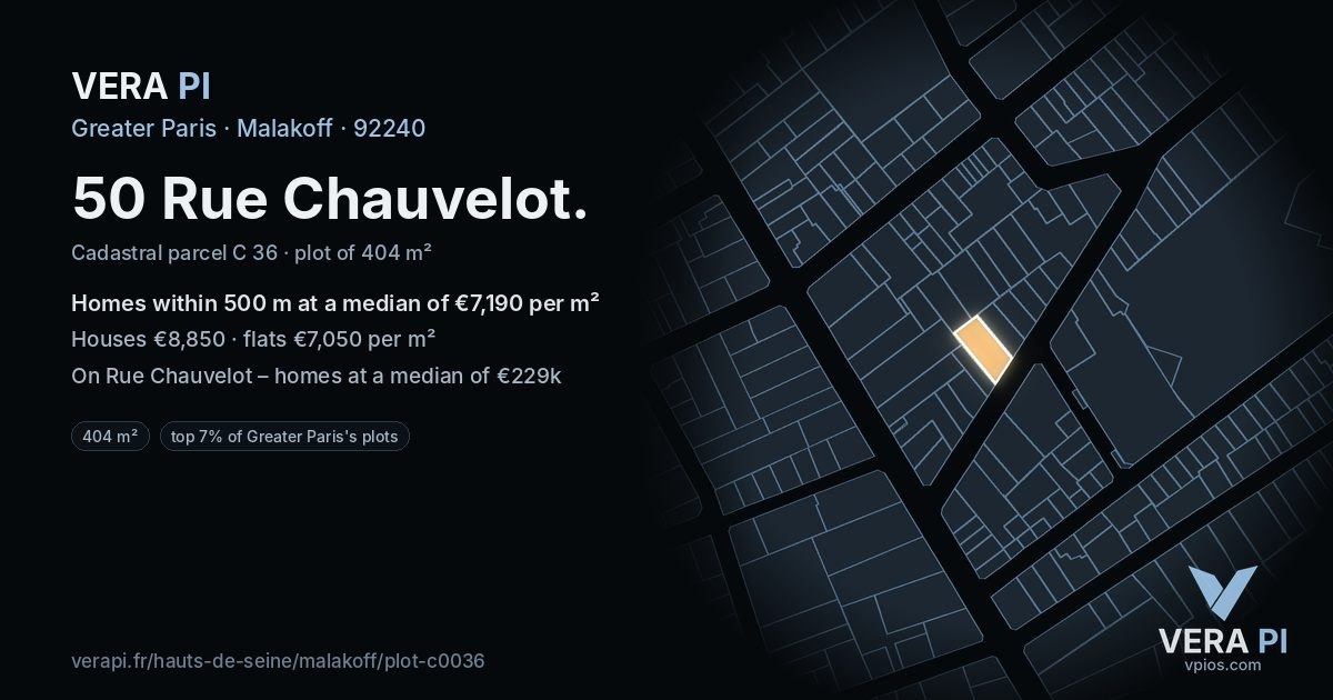 50 Rue Chauvelot, Malakoff at night – the plot lit, the parcels around coloured by the prices near them