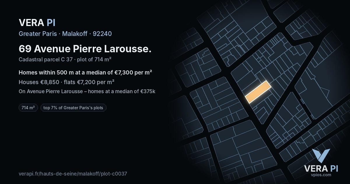 69 Avenue Pierre Larousse, Malakoff at night – the plot lit, the parcels around coloured by the prices near them