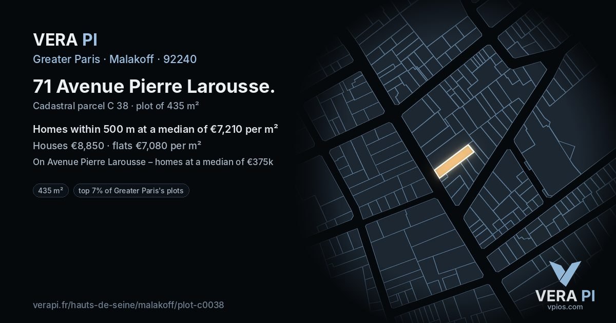 71 Avenue Pierre Larousse, Malakoff at night – the plot lit, the parcels around coloured by the prices near them