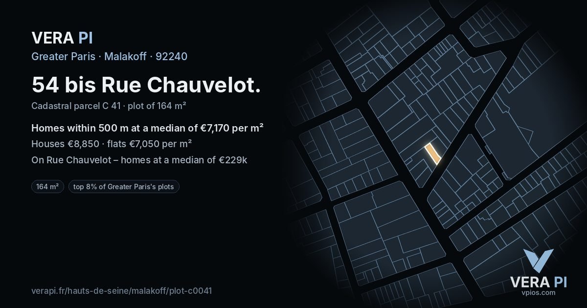 54 bis Rue Chauvelot, Malakoff at night – the plot lit, the parcels around coloured by the prices near them