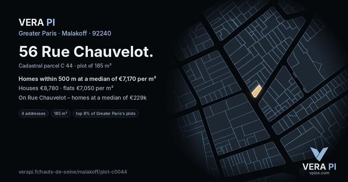 56 Rue Chauvelot, Malakoff at night – the plot lit, the parcels around coloured by the prices near them