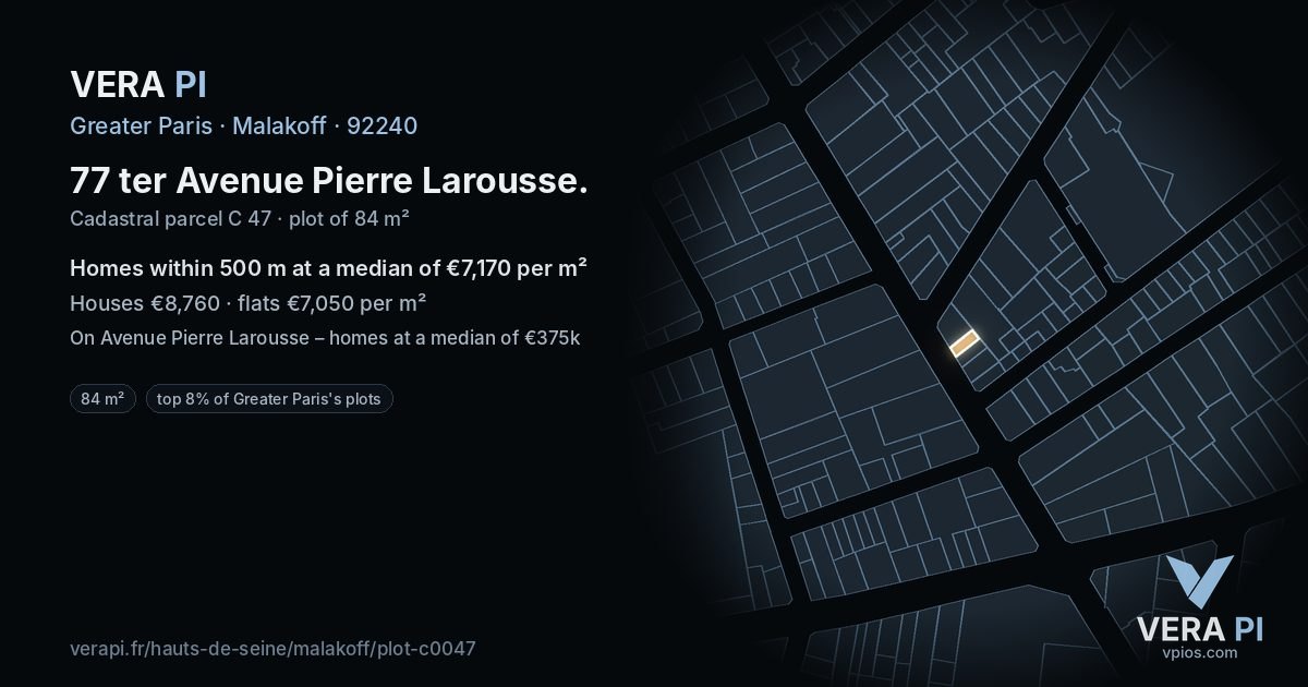 77 ter Avenue Pierre Larousse, Malakoff at night – the plot lit, the parcels around coloured by the prices near them