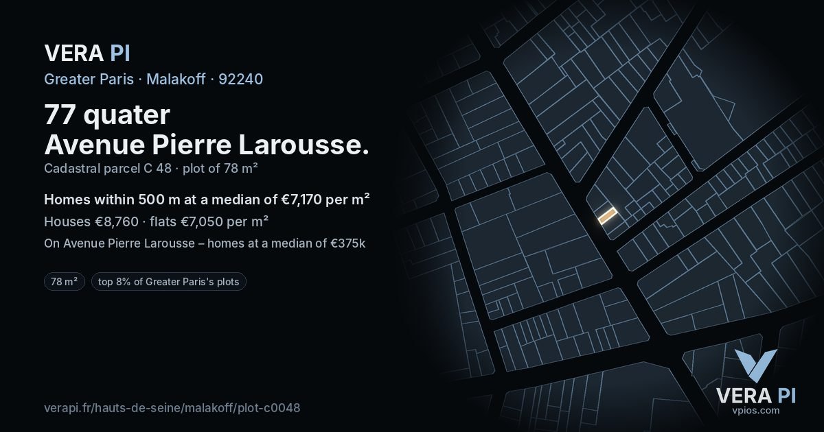 77 quater Avenue Pierre Larousse, Malakoff at night – the plot lit, the parcels around coloured by the prices near them
