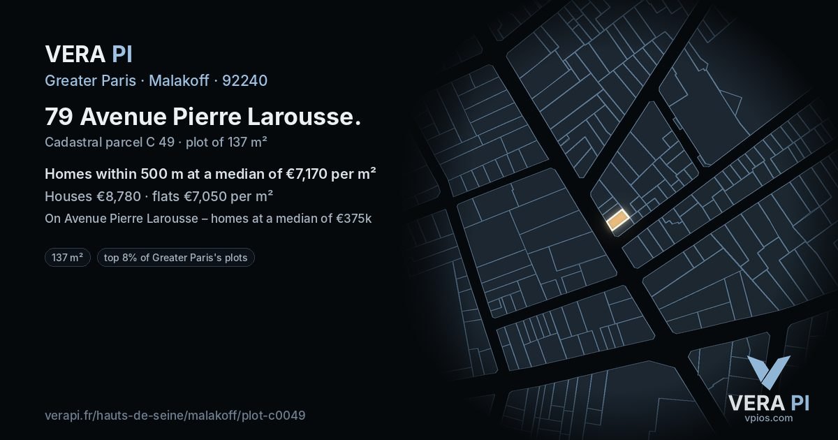 79 Avenue Pierre Larousse, Malakoff at night – the plot lit, the parcels around coloured by the prices near them