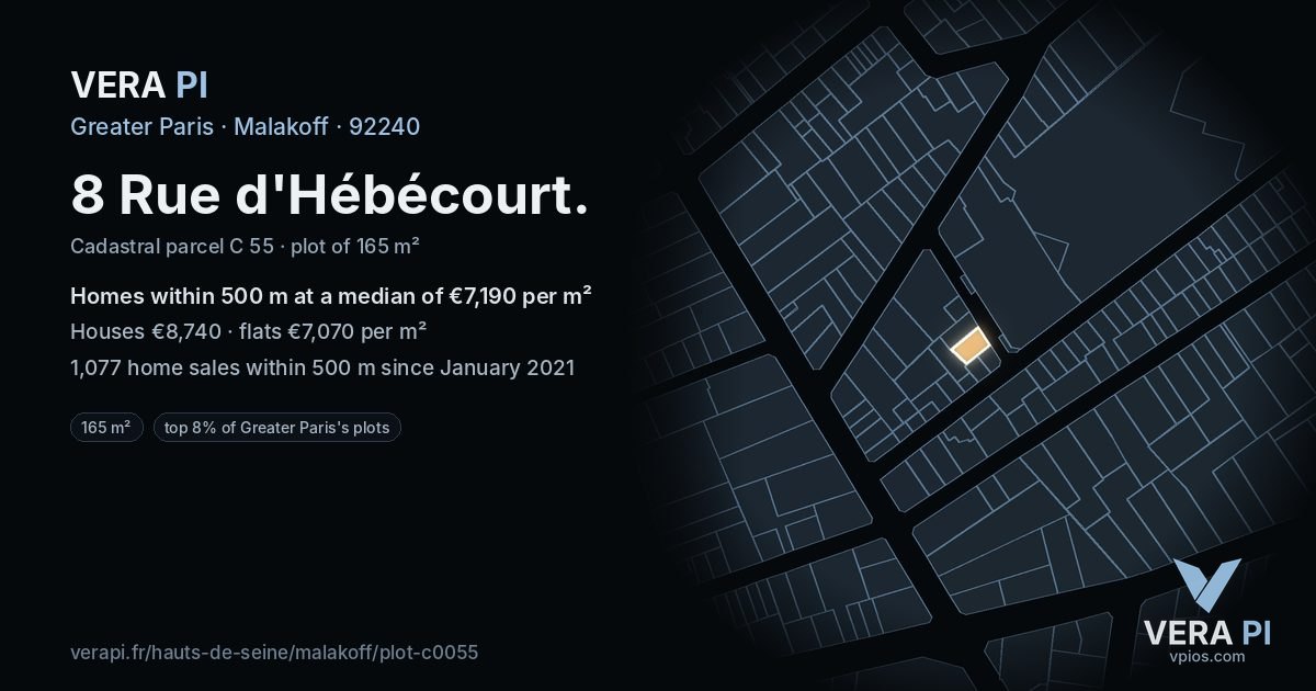 8 Rue d'Hébécourt, Malakoff at night – the plot lit, the parcels around coloured by the prices near them