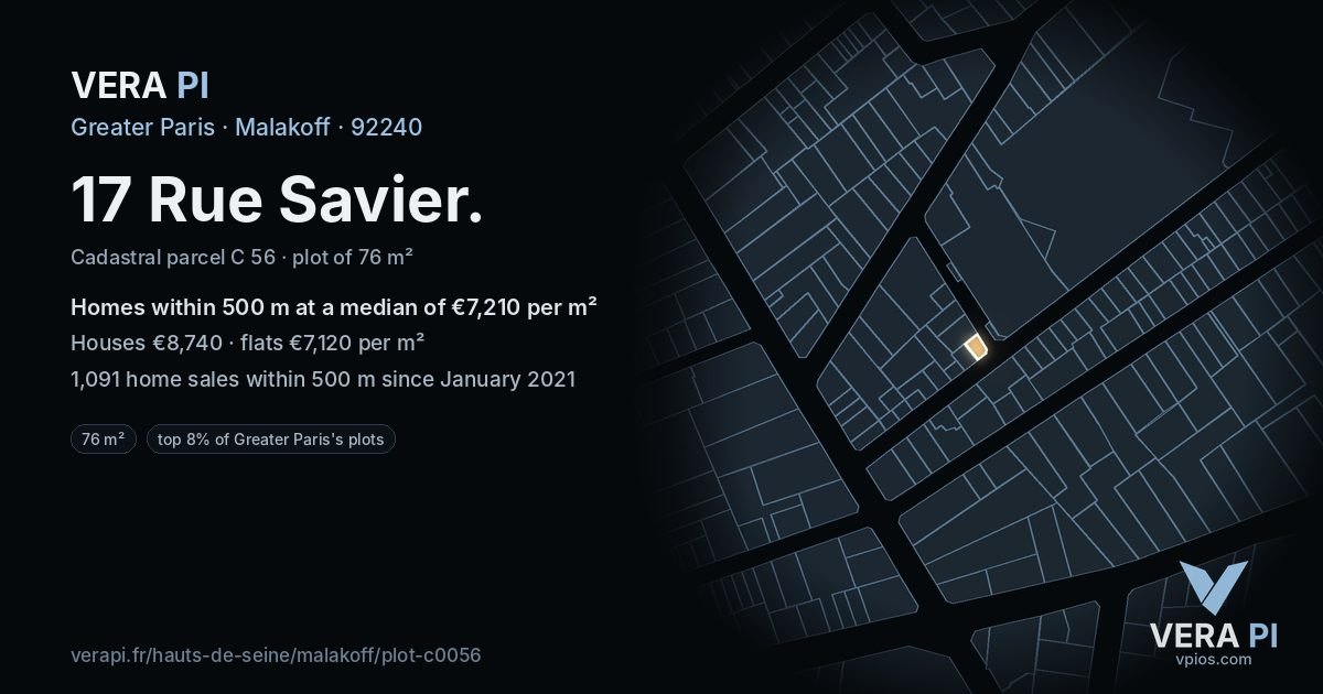 17 Rue Savier, Malakoff at night – the plot lit, the parcels around coloured by the prices near them