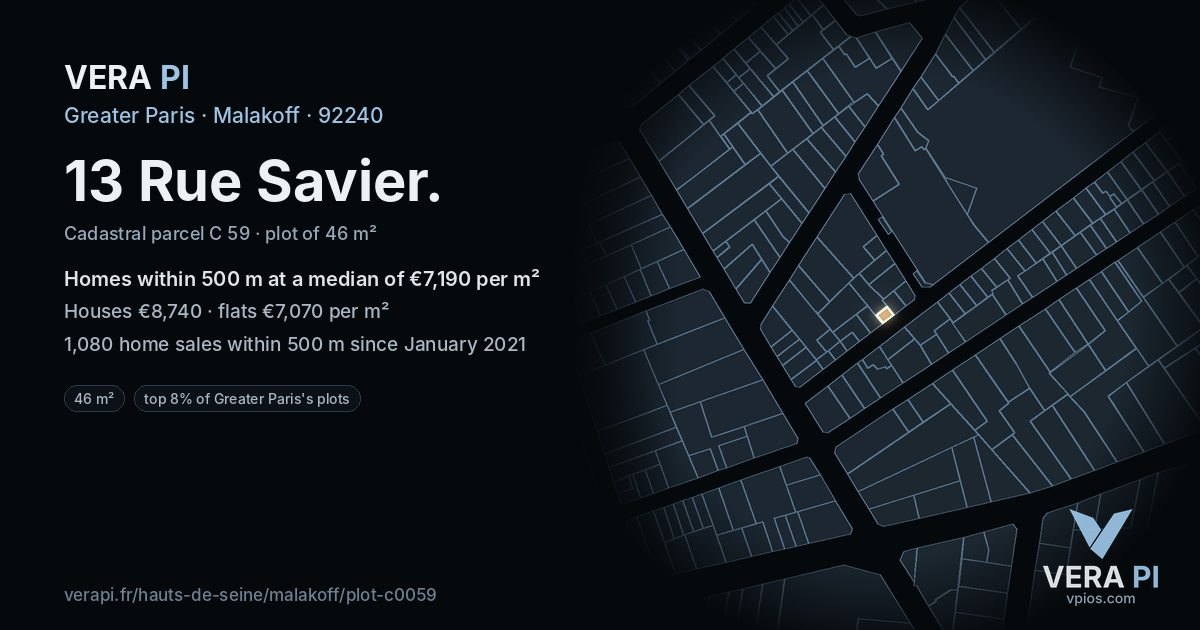 13 Rue Savier, Malakoff at night – the plot lit, the parcels around coloured by the prices near them