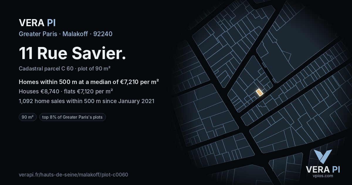 11 Rue Savier, Malakoff at night – the plot lit, the parcels around coloured by the prices near them