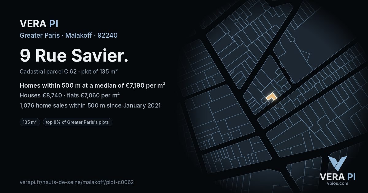 9 Rue Savier, Malakoff at night – the plot lit, the parcels around coloured by the prices near them
