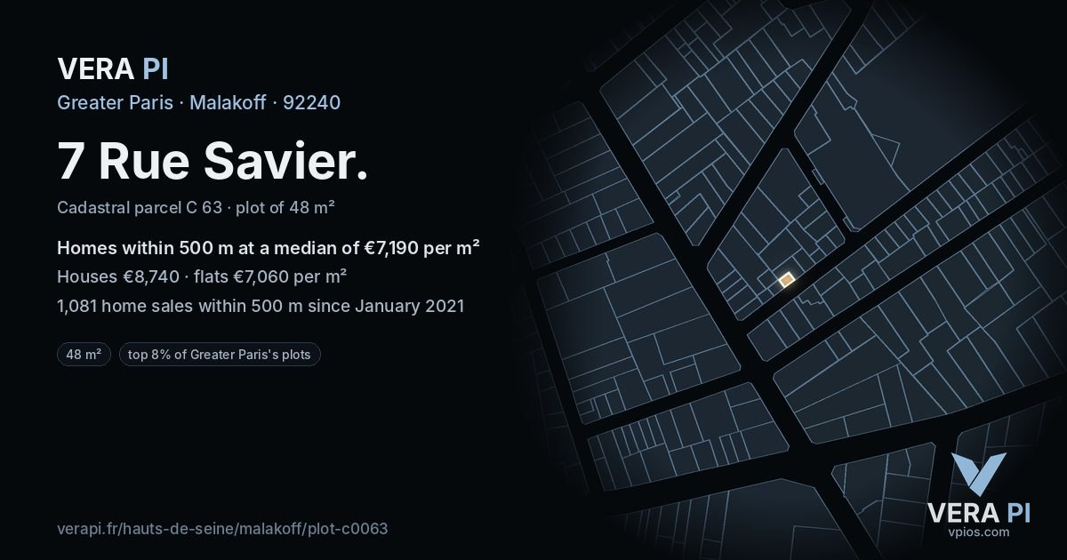 7 Rue Savier, Malakoff at night – the plot lit, the parcels around coloured by the prices near them