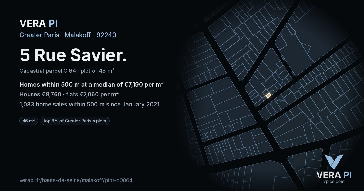 5 Rue Savier, Malakoff at night – the plot lit, the parcels around coloured by the prices near them