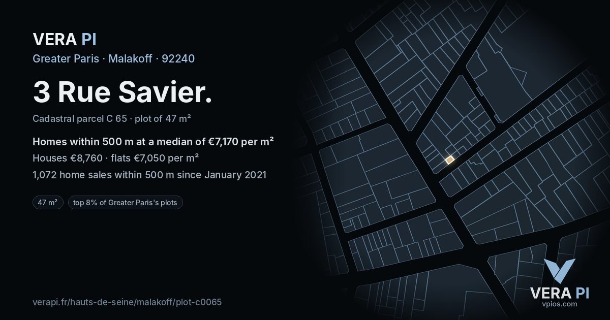 3 Rue Savier, Malakoff at night – the plot lit, the parcels around coloured by the prices near them