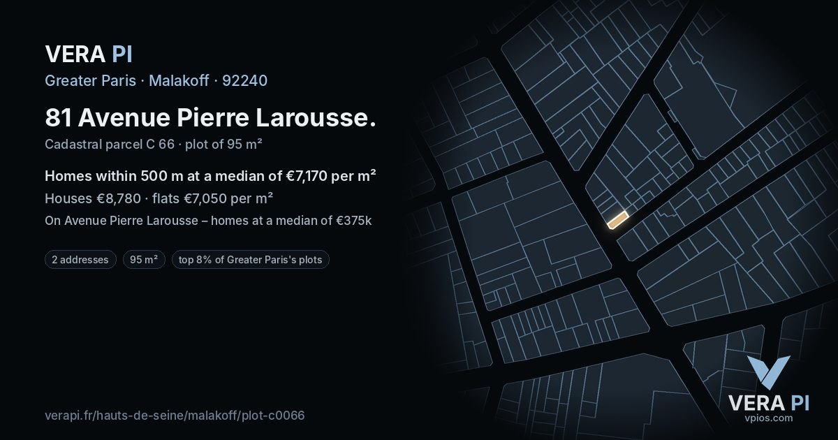 81 Avenue Pierre Larousse, Malakoff at night – the plot lit, the parcels around coloured by the prices near them