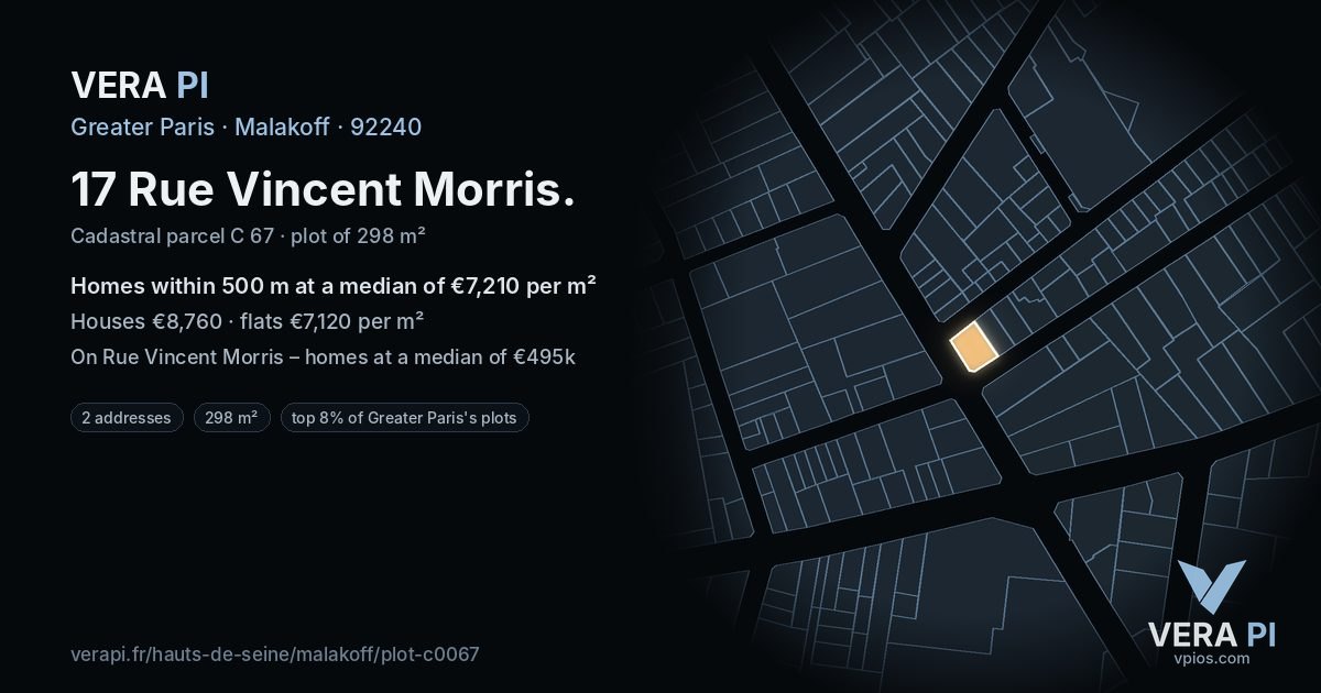 17 Rue Vincent Morris, Malakoff at night – the plot lit, the parcels around coloured by the prices near them