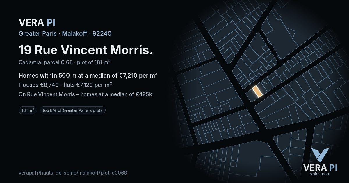 19 Rue Vincent Morris, Malakoff at night – the plot lit, the parcels around coloured by the prices near them