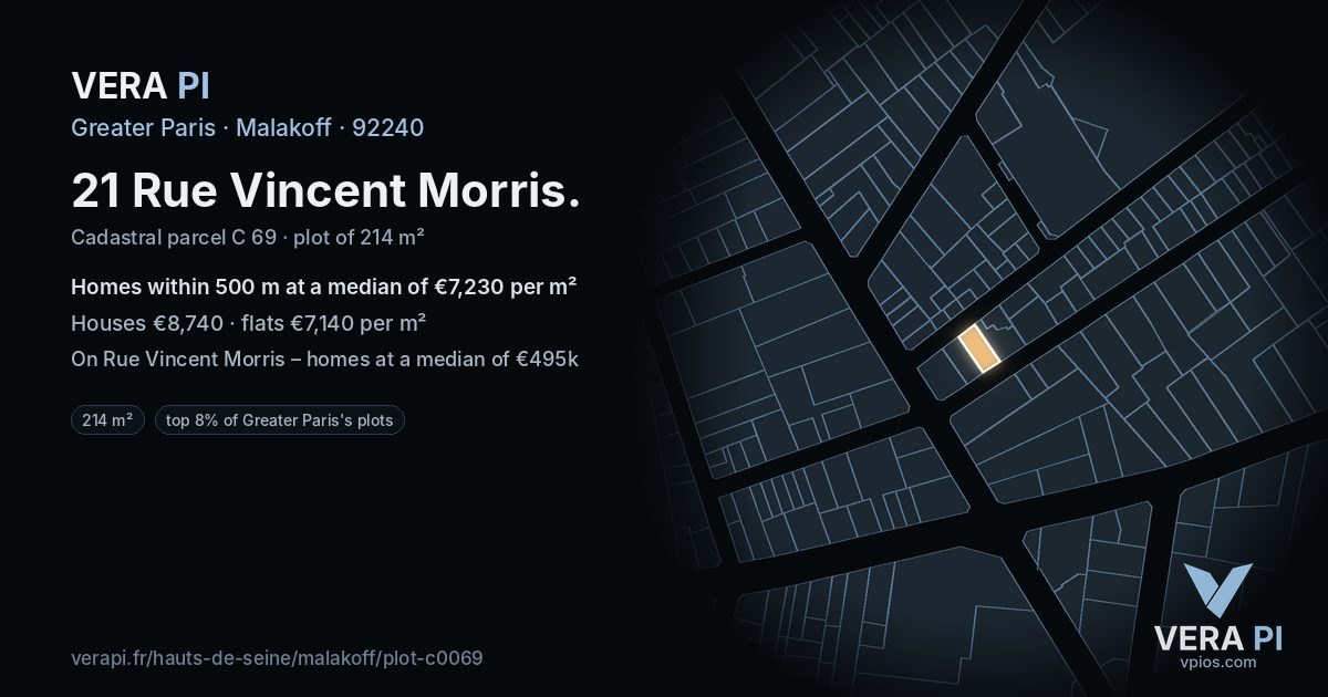 21 Rue Vincent Morris, Malakoff at night – the plot lit, the parcels around coloured by the prices near them