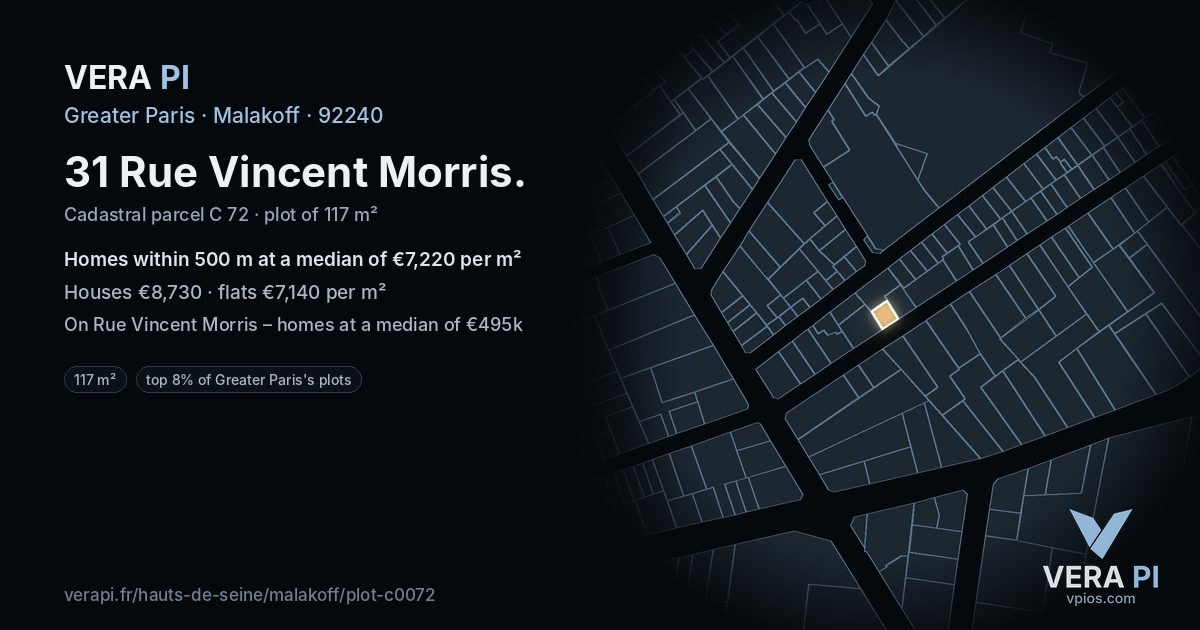 31 Rue Vincent Morris, Malakoff at night – the plot lit, the parcels around coloured by the prices near them