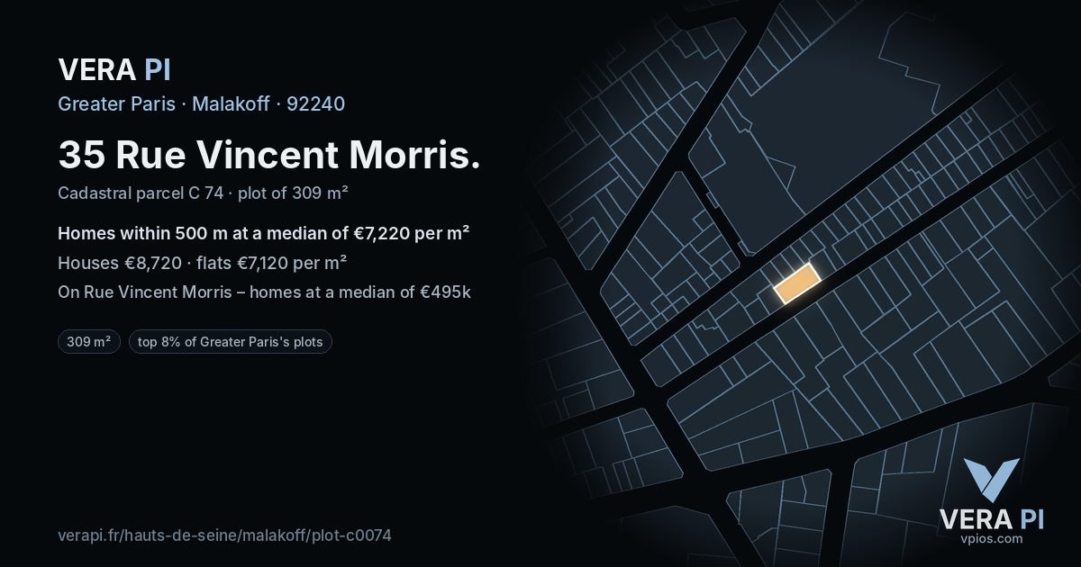 35 Rue Vincent Morris, Malakoff at night – the plot lit, the parcels around coloured by the prices near them
