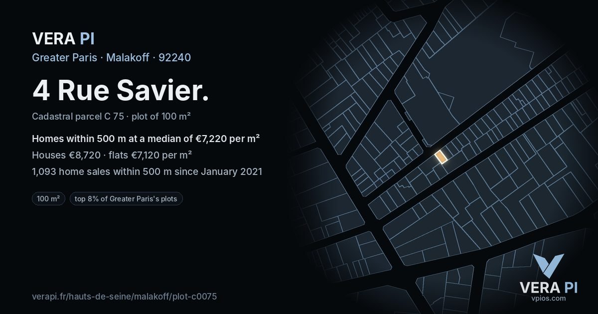 4 Rue Savier, Malakoff at night – the plot lit, the parcels around coloured by the prices near them