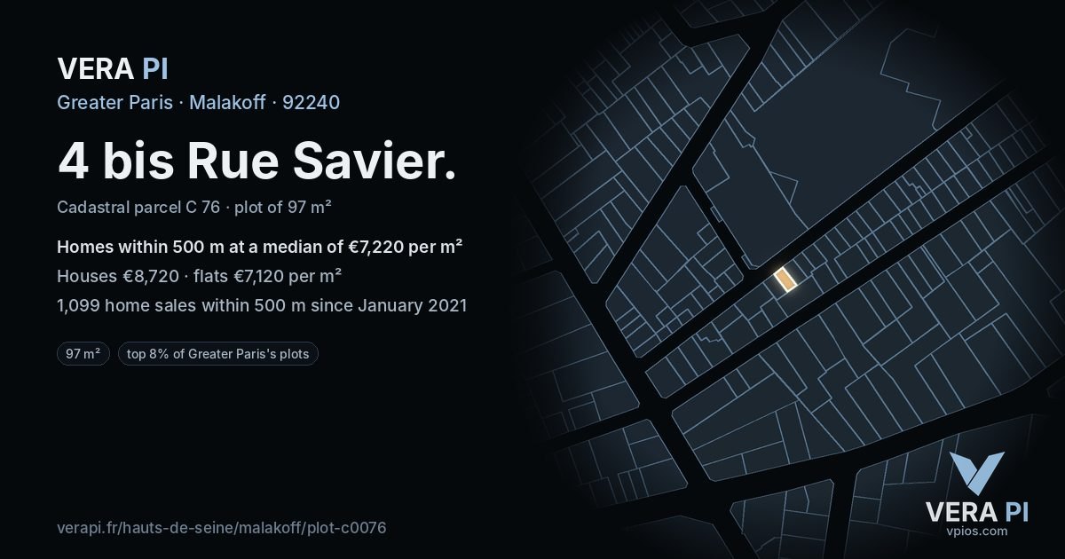 4 bis Rue Savier, Malakoff at night – the plot lit, the parcels around coloured by the prices near them
