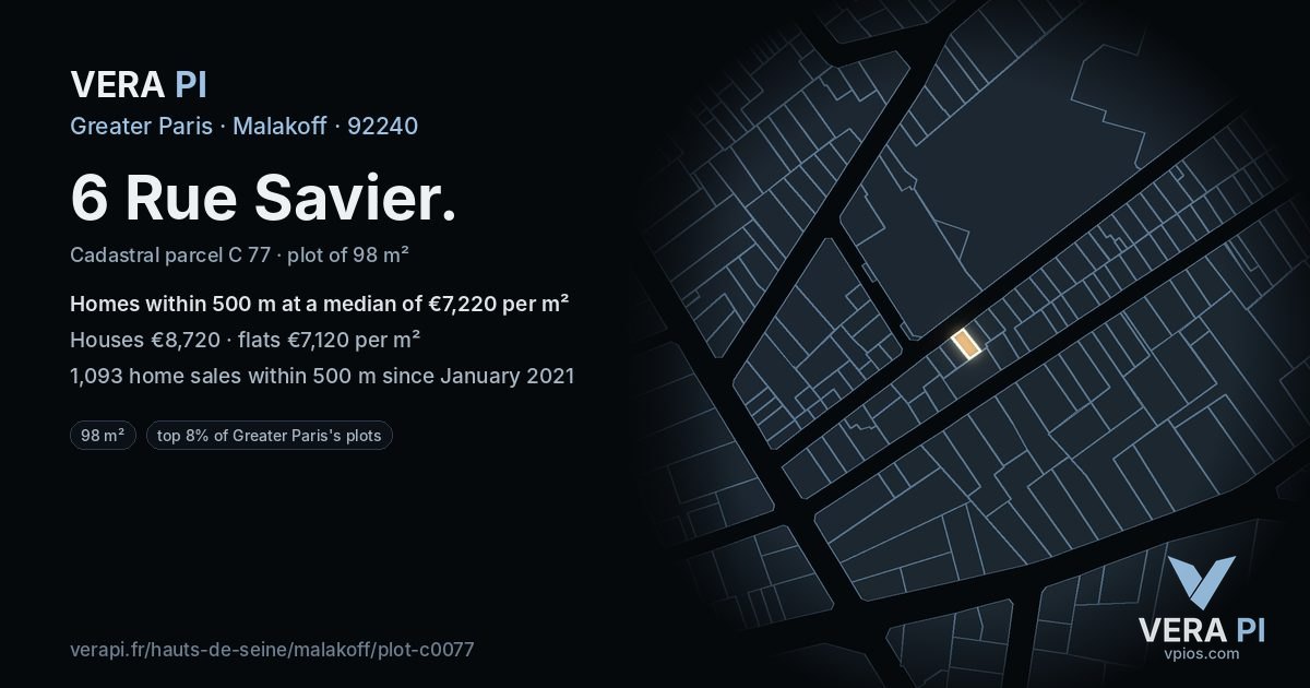 6 Rue Savier, Malakoff at night – the plot lit, the parcels around coloured by the prices near them