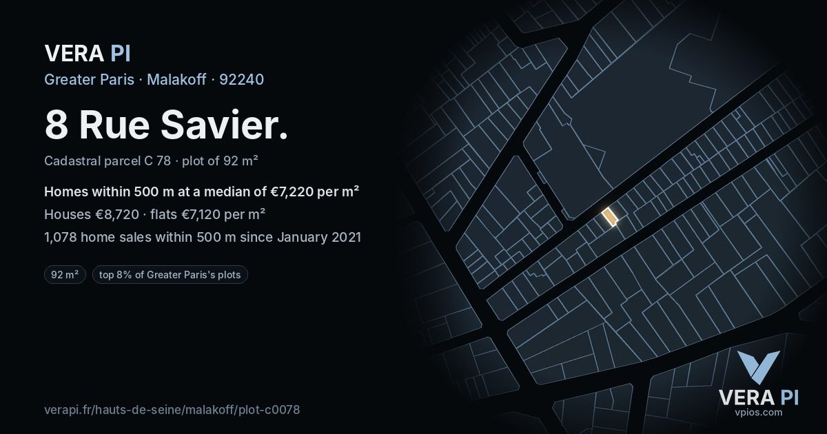 8 Rue Savier, Malakoff at night – the plot lit, the parcels around coloured by the prices near them