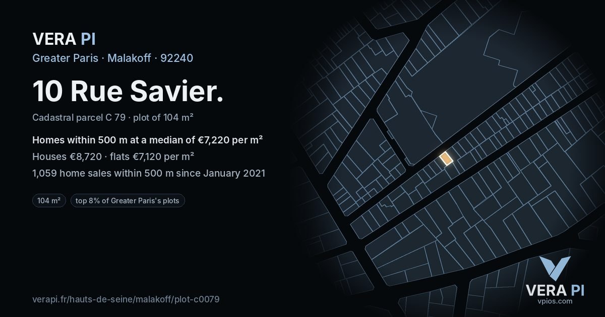 10 Rue Savier, Malakoff at night – the plot lit, the parcels around coloured by the prices near them