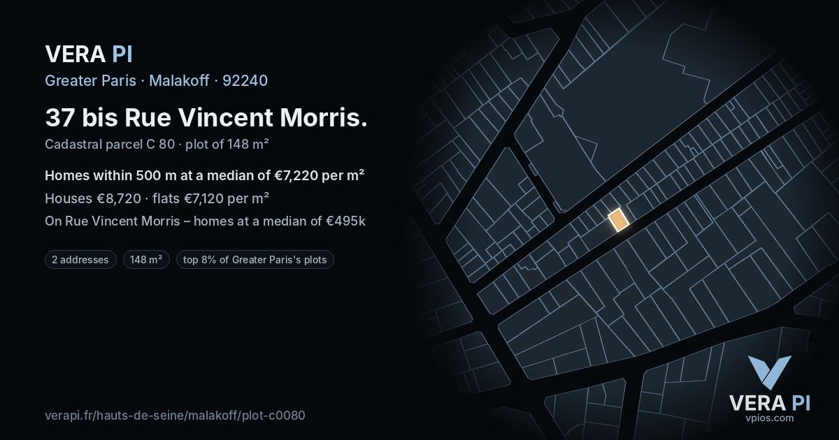 37 bis Rue Vincent Morris, Malakoff at night – the plot lit, the parcels around coloured by the prices near them