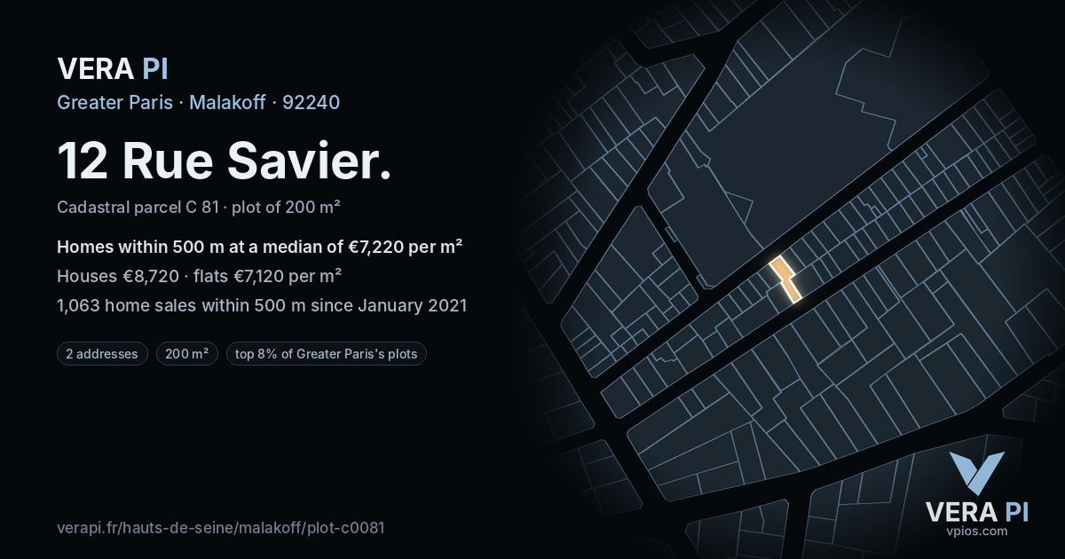 12 Rue Savier, Malakoff at night – the plot lit, the parcels around coloured by the prices near them