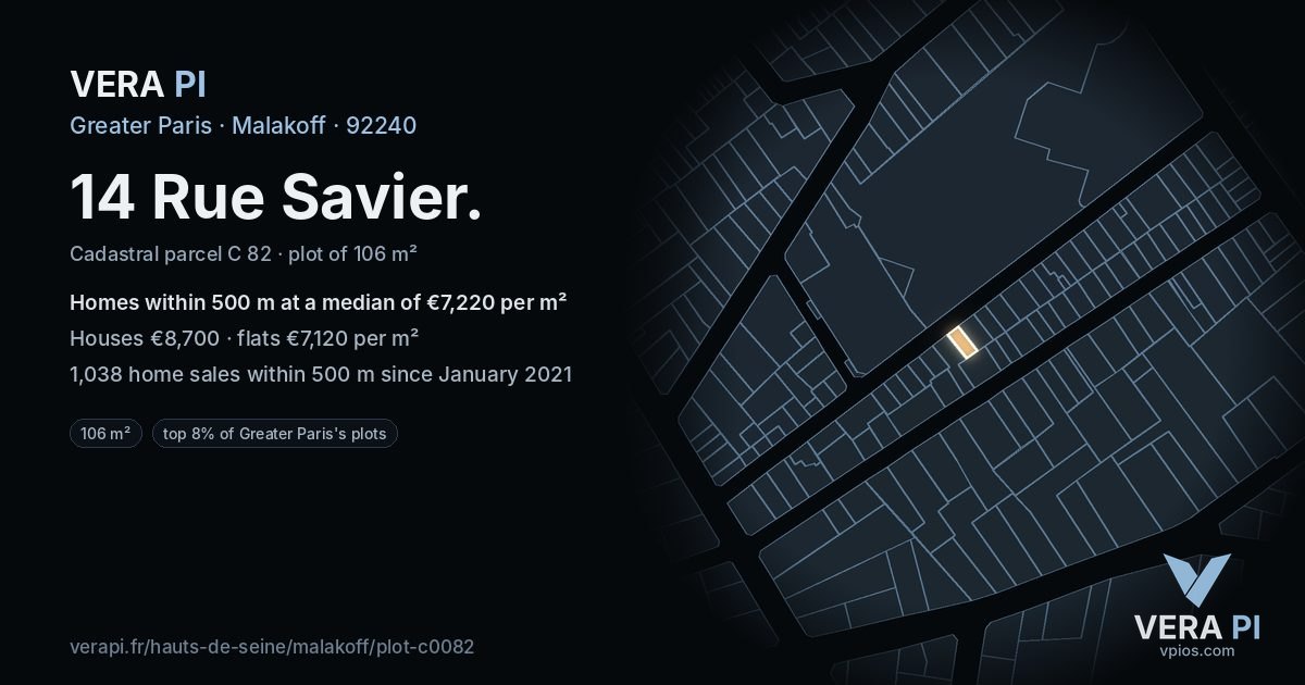 14 Rue Savier, Malakoff at night – the plot lit, the parcels around coloured by the prices near them
