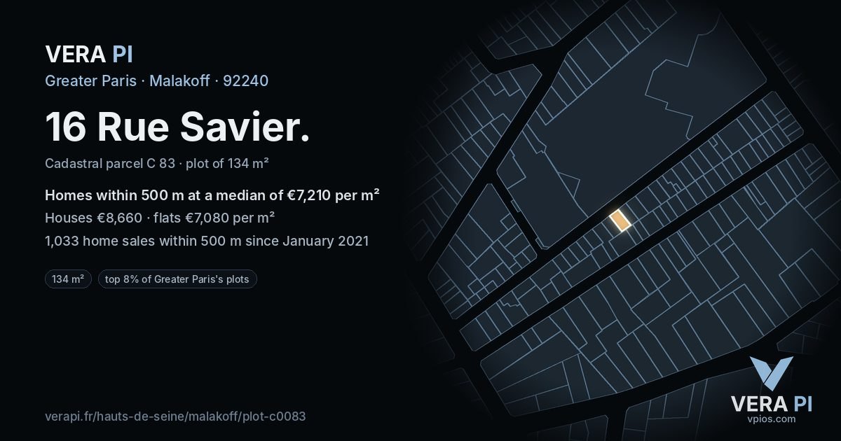 16 Rue Savier, Malakoff at night – the plot lit, the parcels around coloured by the prices near them