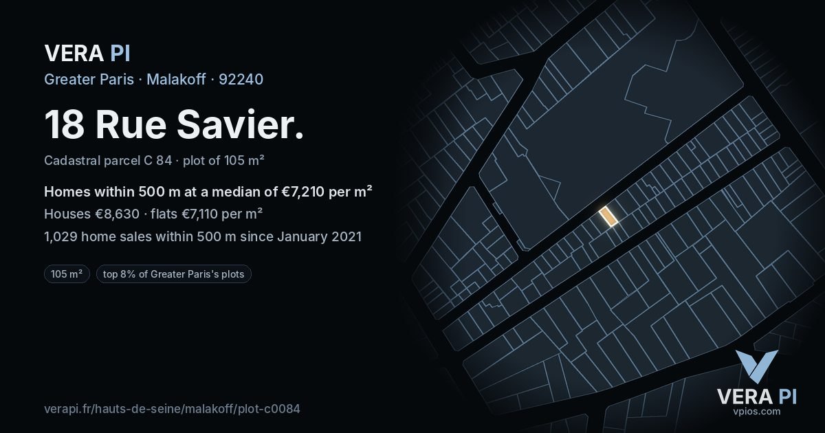 18 Rue Savier, Malakoff at night – the plot lit, the parcels around coloured by the prices near them