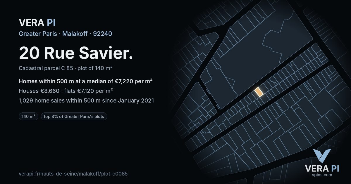 20 Rue Savier, Malakoff at night – the plot lit, the parcels around coloured by the prices near them