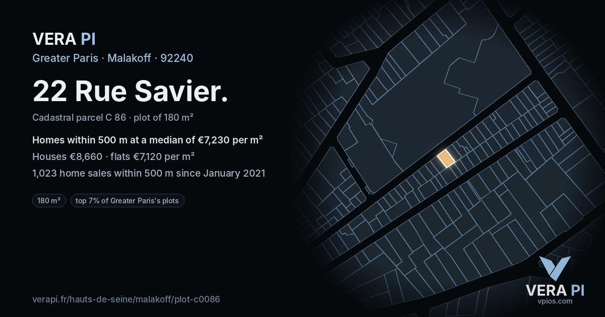 22 Rue Savier, Malakoff at night – the plot lit, the parcels around coloured by the prices near them