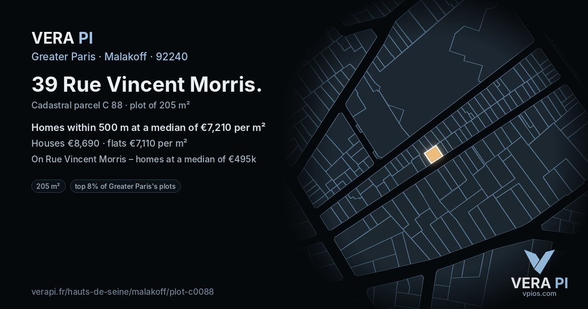 39 Rue Vincent Morris, Malakoff at night – the plot lit, the parcels around coloured by the prices near them