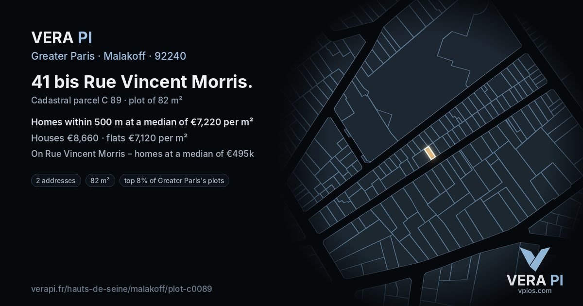 41 bis Rue Vincent Morris, Malakoff at night – the plot lit, the parcels around coloured by the prices near them