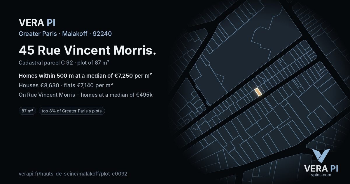 45 Rue Vincent Morris, Malakoff at night – the plot lit, the parcels around coloured by the prices near them