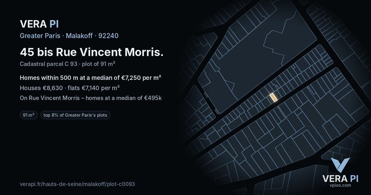 45 bis Rue Vincent Morris, Malakoff at night – the plot lit, the parcels around coloured by the prices near them