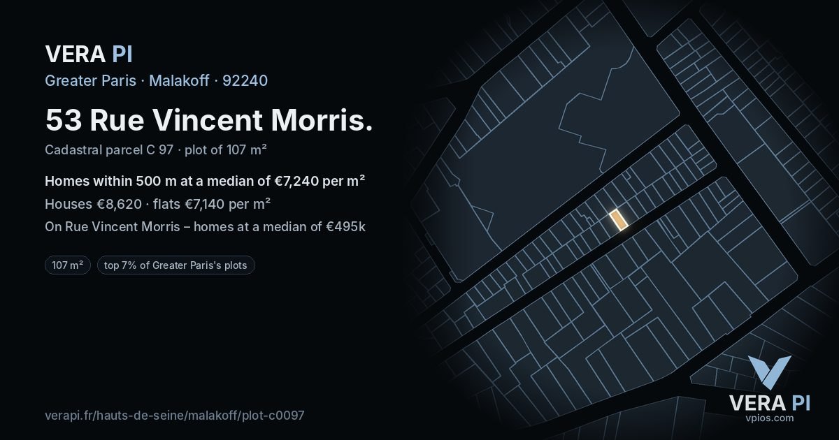 53 Rue Vincent Morris, Malakoff at night – the plot lit, the parcels around coloured by the prices near them