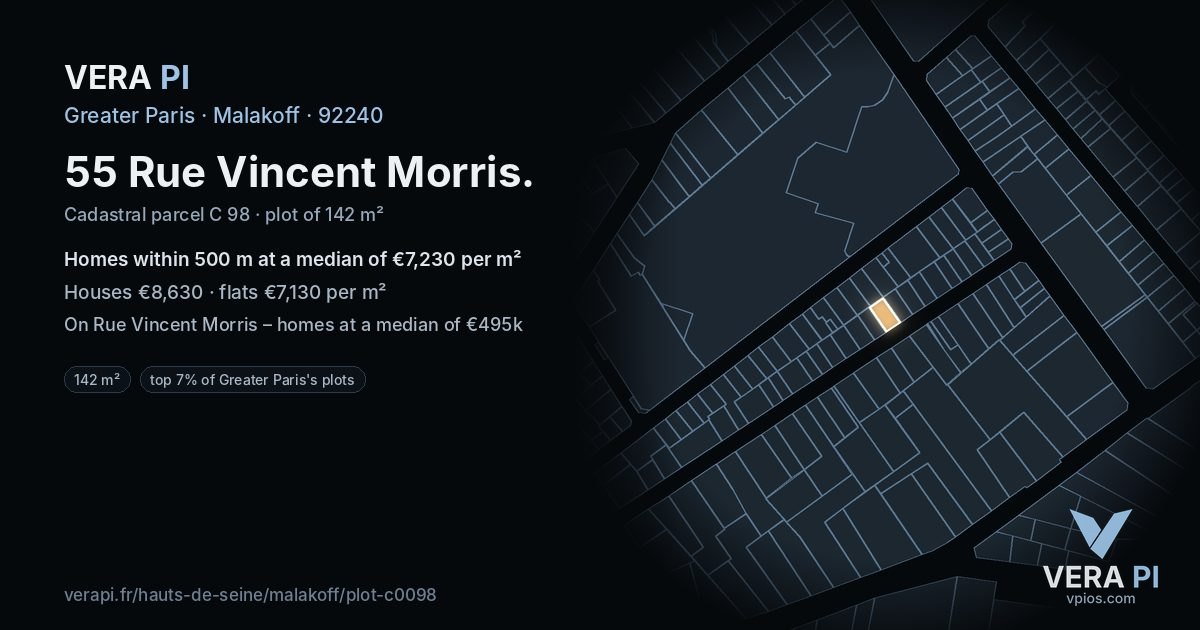 55 Rue Vincent Morris, Malakoff at night – the plot lit, the parcels around coloured by the prices near them