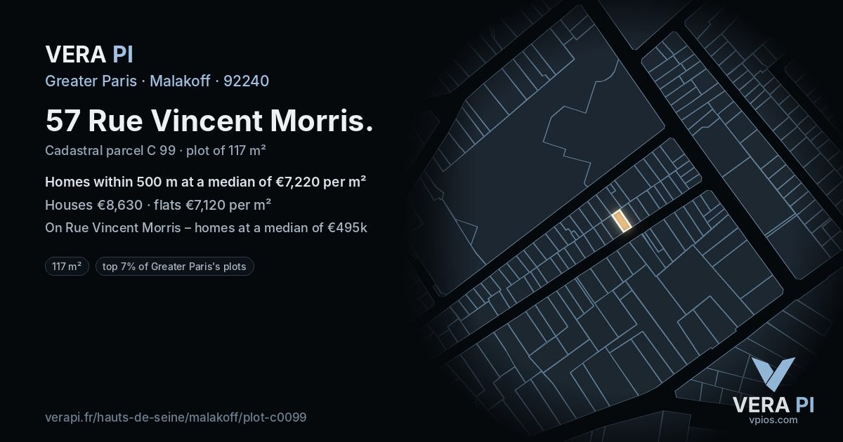 57 Rue Vincent Morris, Malakoff at night – the plot lit, the parcels around coloured by the prices near them